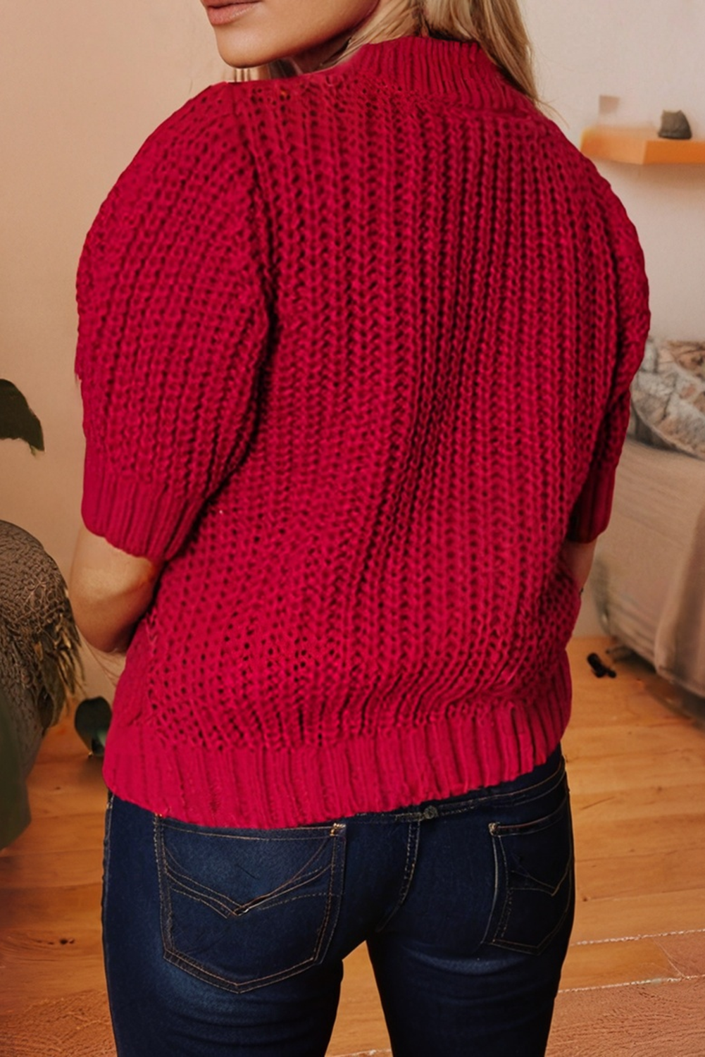 Cable Knit Christmas Holiday Puff Short Sleeve Sweater