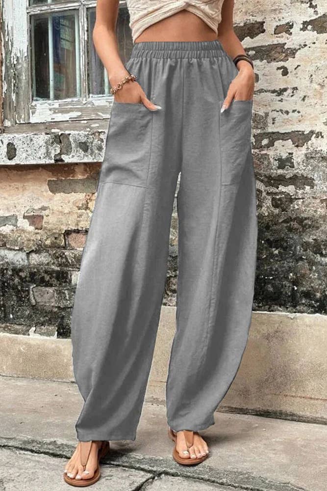 Plain Elastic Waist Pockets Wide Leg Pants