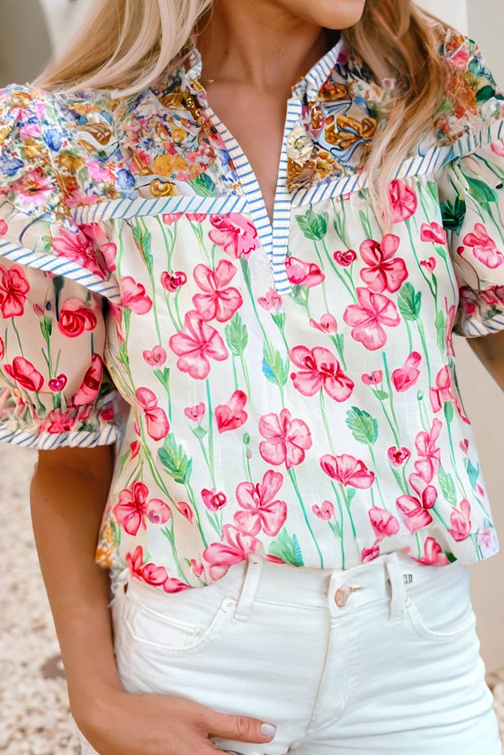 LDC Floral Print Striped Detail Split Neck Blouse