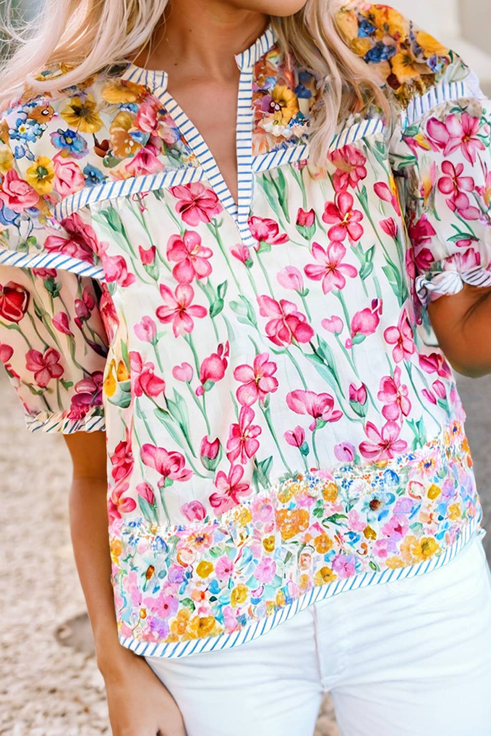 LDC Floral Print Striped Detail Split Neck Blouse