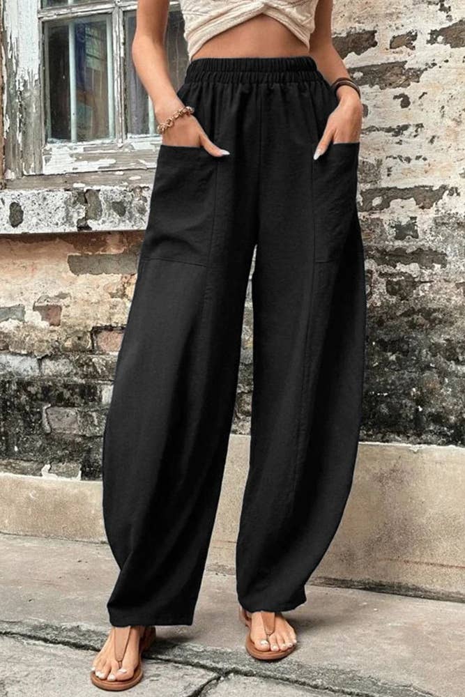 Plain Elastic Waist Pockets Wide Leg Pants