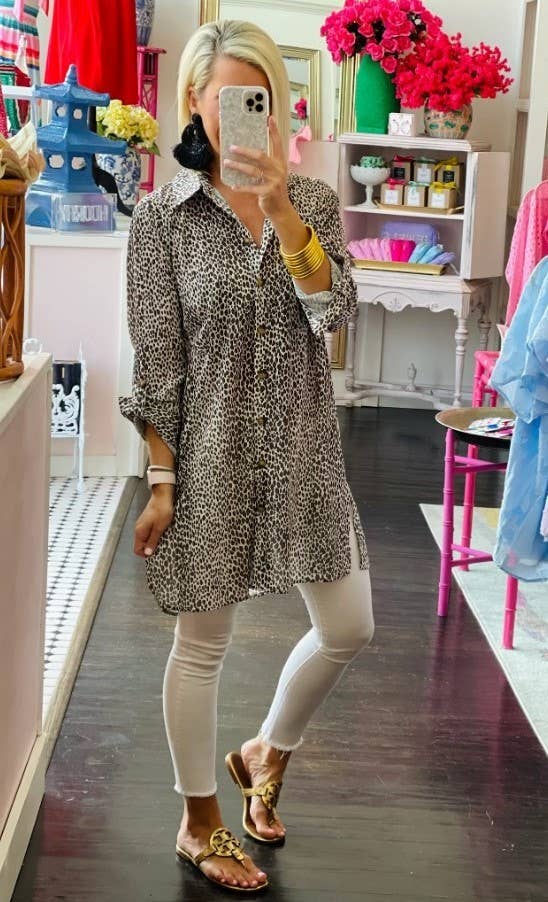 Cezele - Cheetah Print button front shirt dress