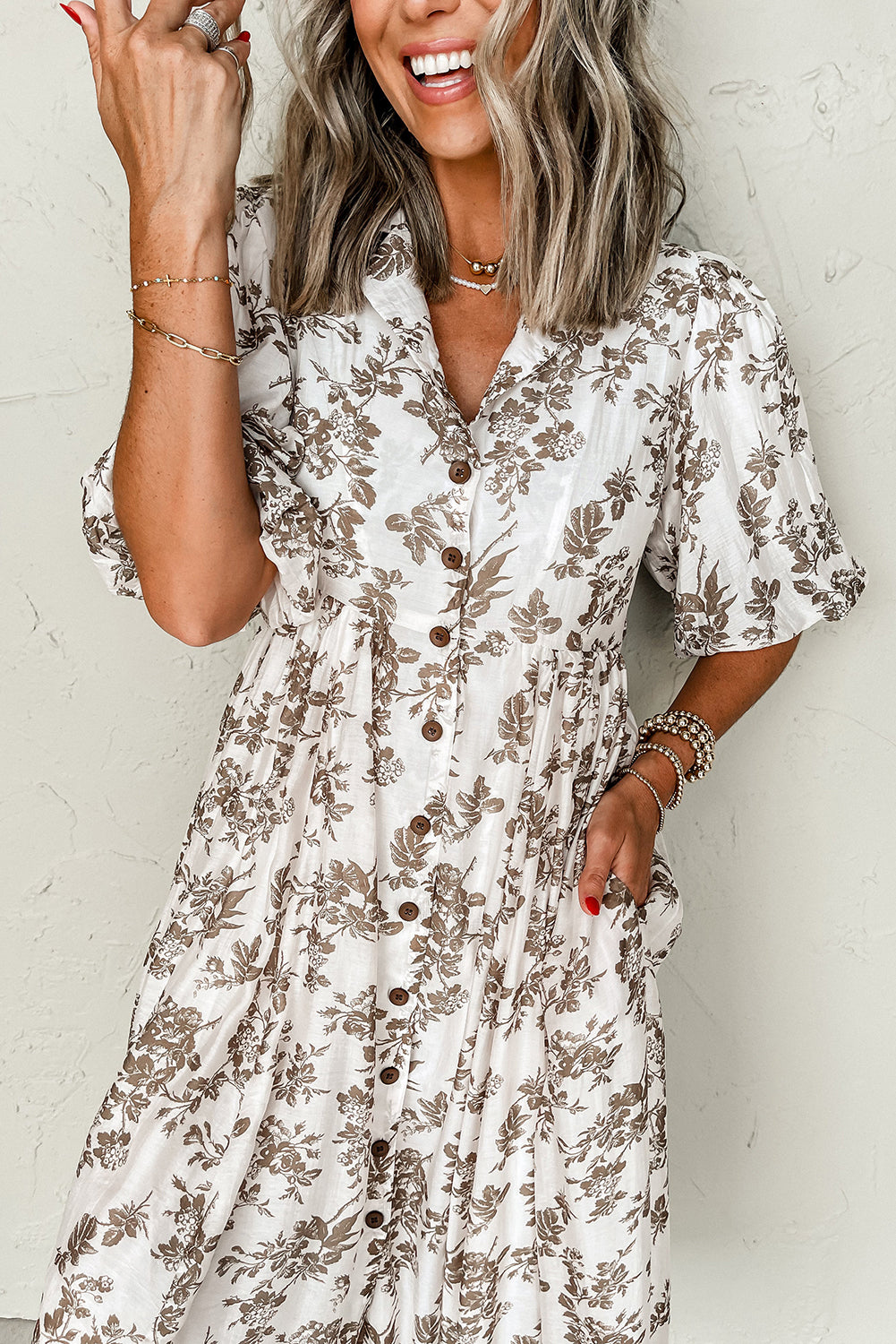 Khaki Floral Puff Sleeve V Neck Buttoned Front Maxi Dress