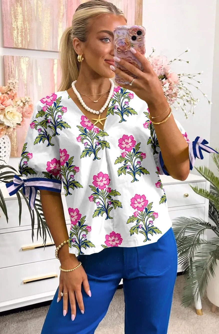 WHITE BLOCK PRINT FLORAL BLOUSE W/ELBOW TIES