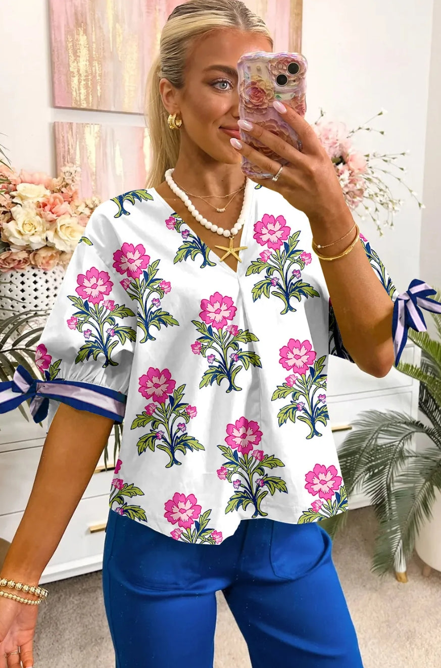 WHITE BLOCK PRINT FLORAL BLOUSE W/ELBOW TIES