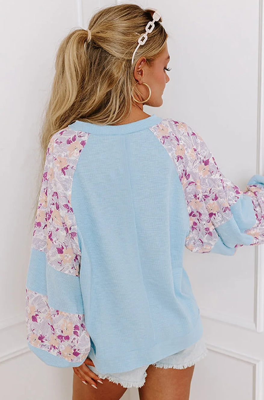 Beau Blue Textured Floral Patchwork Balloon Sleeve Blouse