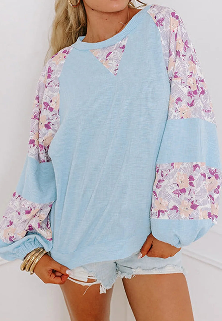 Beau Blue Textured Floral Patchwork Balloon Sleeve Blouse
