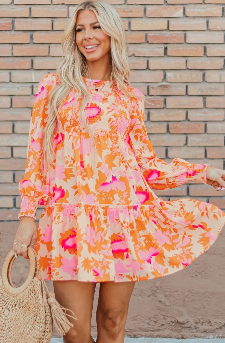 Orange Abstract Print Smocked Lantern Sleeve Ruffle Mini Dress