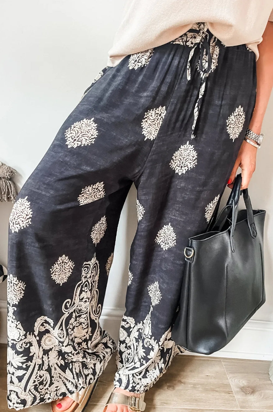 Black Bohemian Printed Drawstring Elastic Waistband Wide Leg Pants