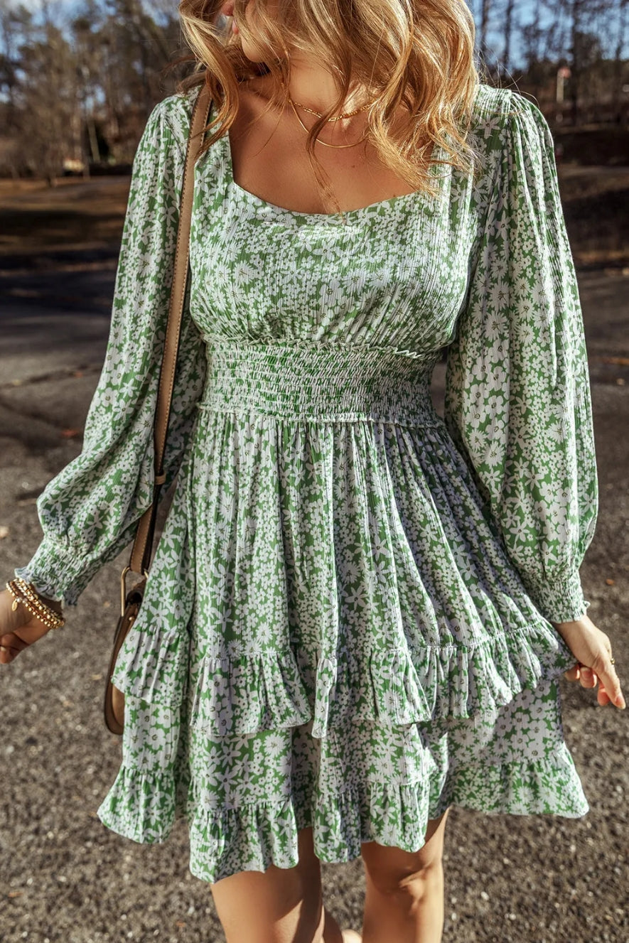 Green Floral Print Square Neck Shirred Waist Tiered Ruffled Mini Dress