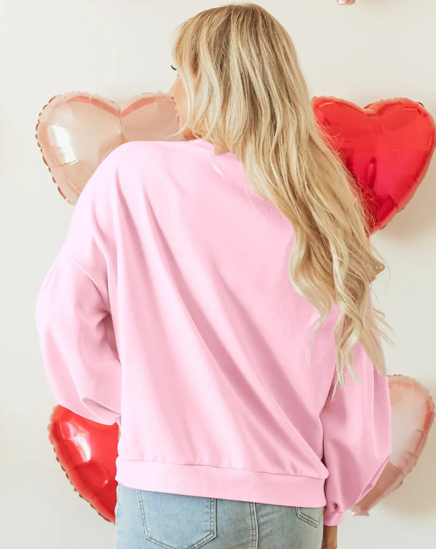 Light Pink Embroidered Bow Lantern Sleeve Oversized Pullover Sweatshirt