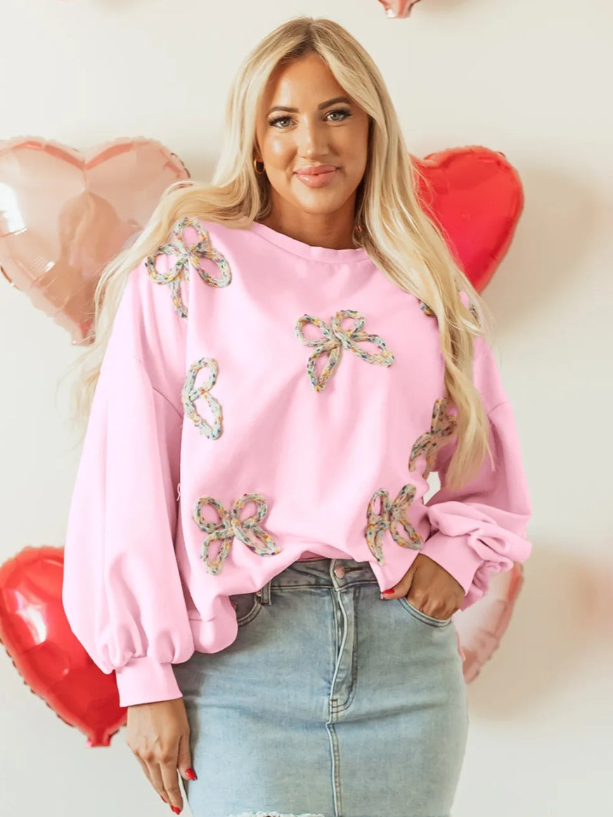 Light Pink Embroidered Bow Lantern Sleeve Oversized Pullover Sweatshirt