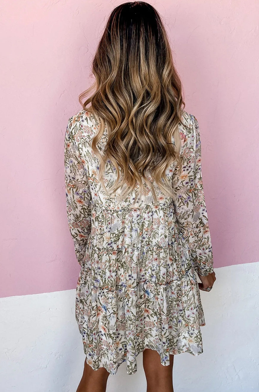 Green Floral Print Tiered Frilled Shirred Mock Neck Mini Dress