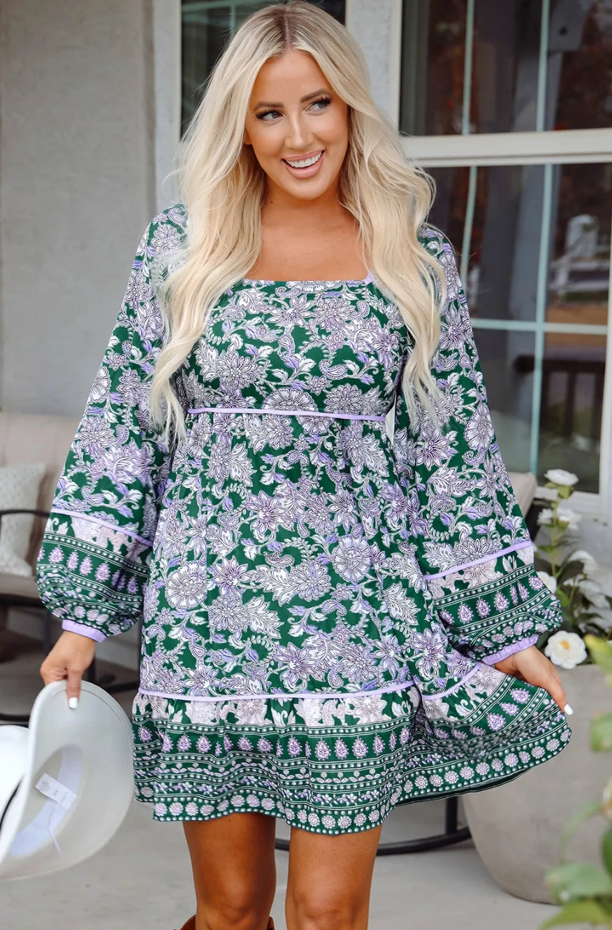 Green Floral Print Piping Trim Bubble Sleeve Square Neck Dress