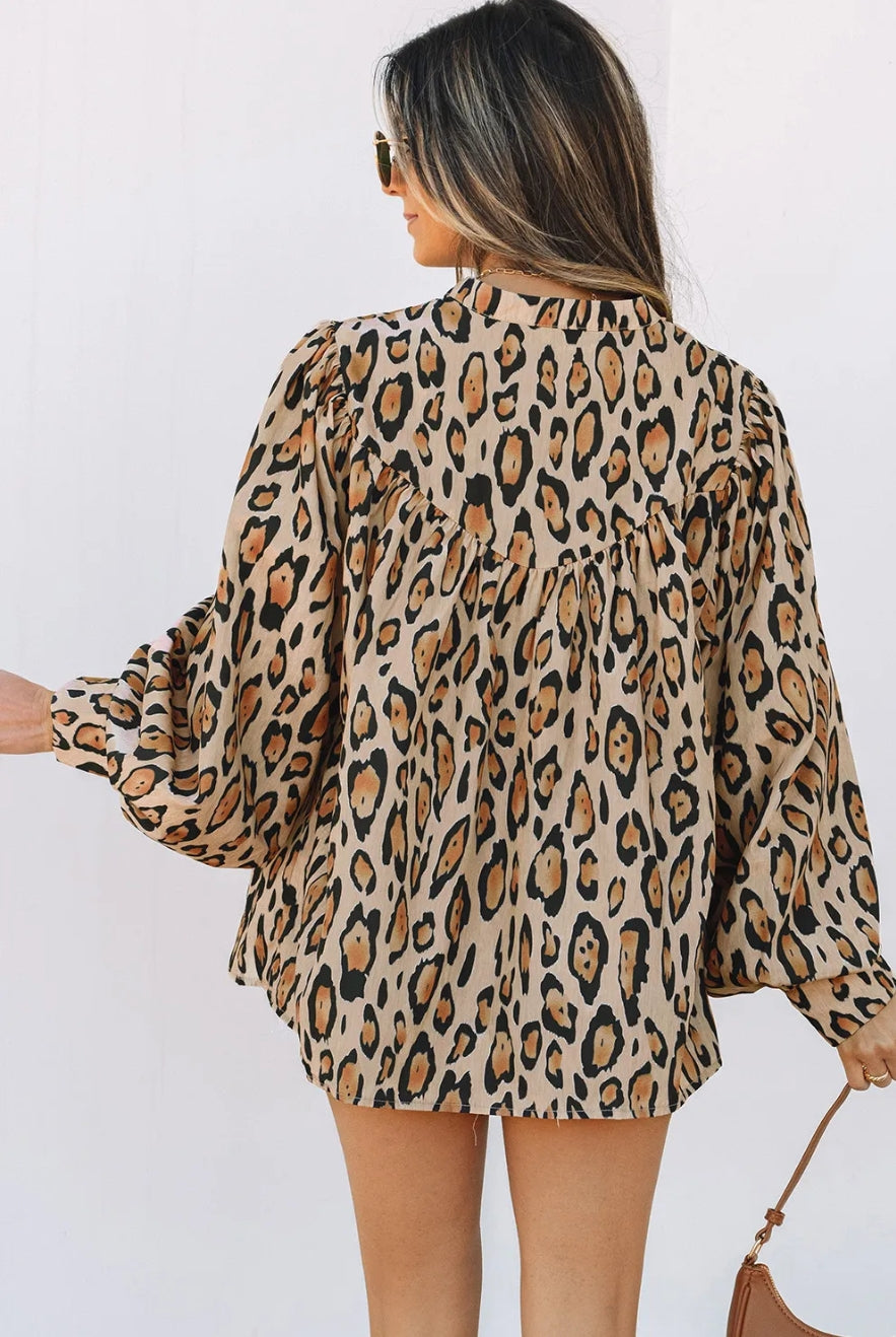 Light French Beige Oversized Leopard Print Balloon Sleeve Casual Shirt