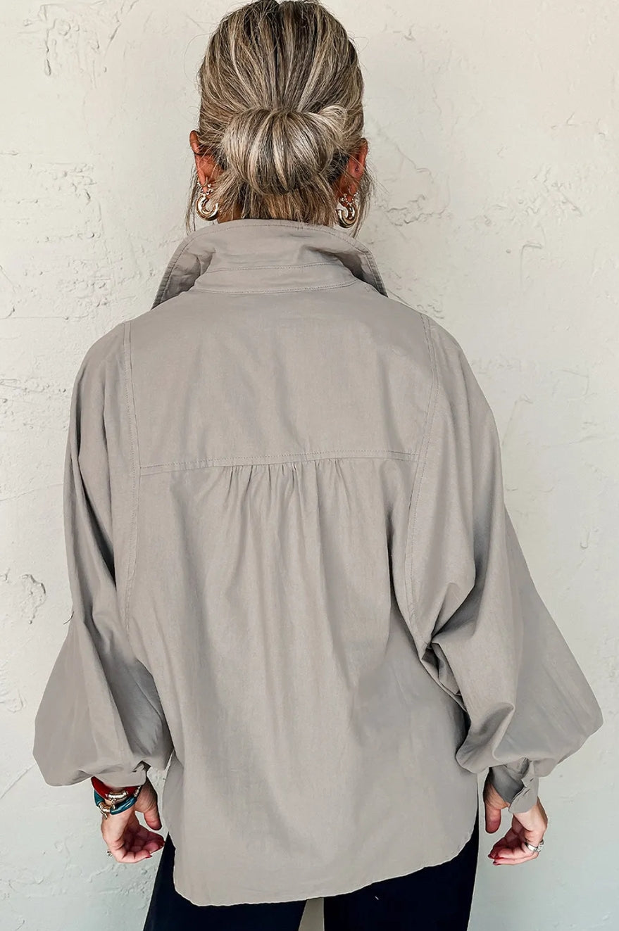 High Solid Color Balloon Sleeve Side Slits Loose Fit Shirt