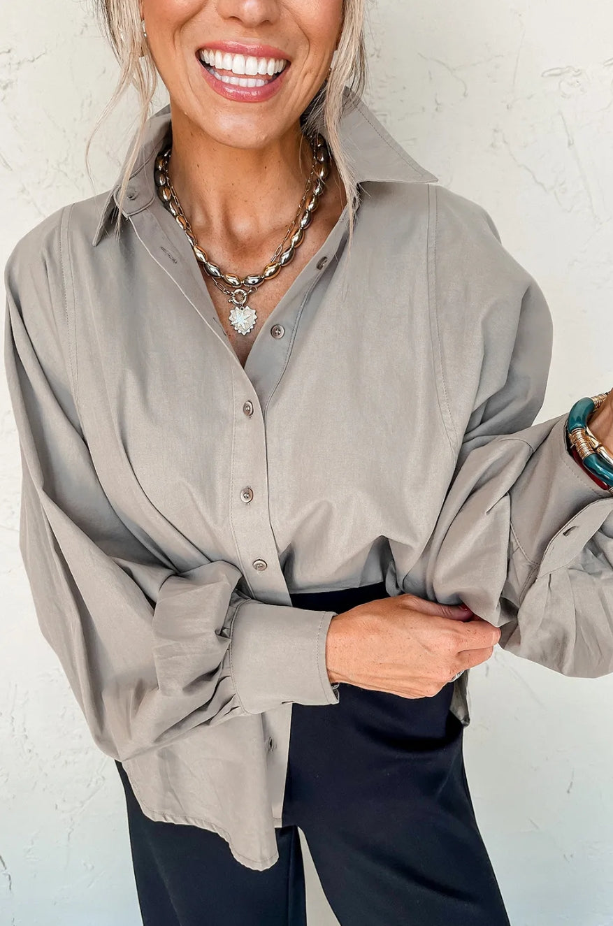 High Solid Color Balloon Sleeve Side Slits Loose Fit Shirt