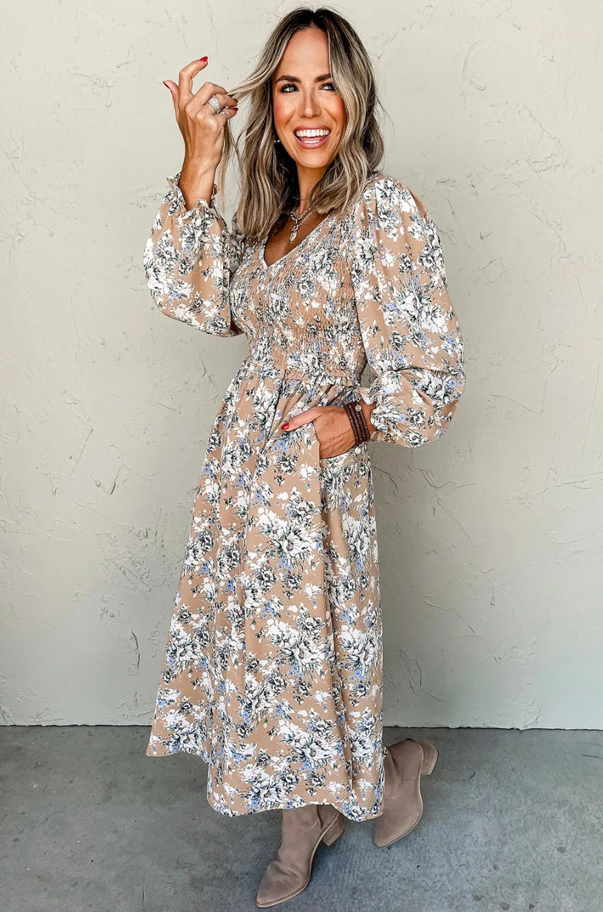 Khaki Maple Grove Floral Smocked Puff Sleeve Long Dress