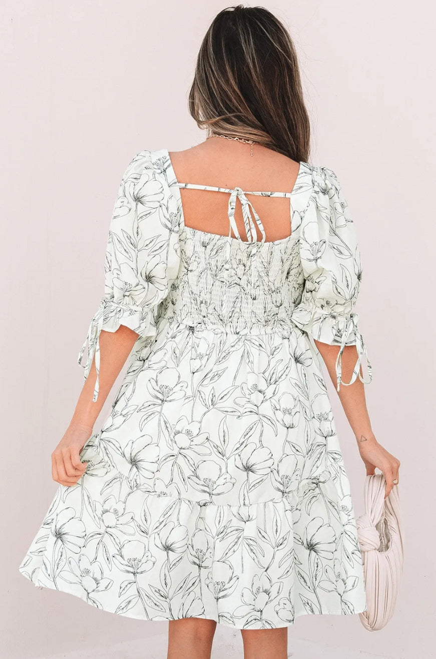 Beige Floral Print Square Neck Shirred Back Puff Sleeve Mini Dress