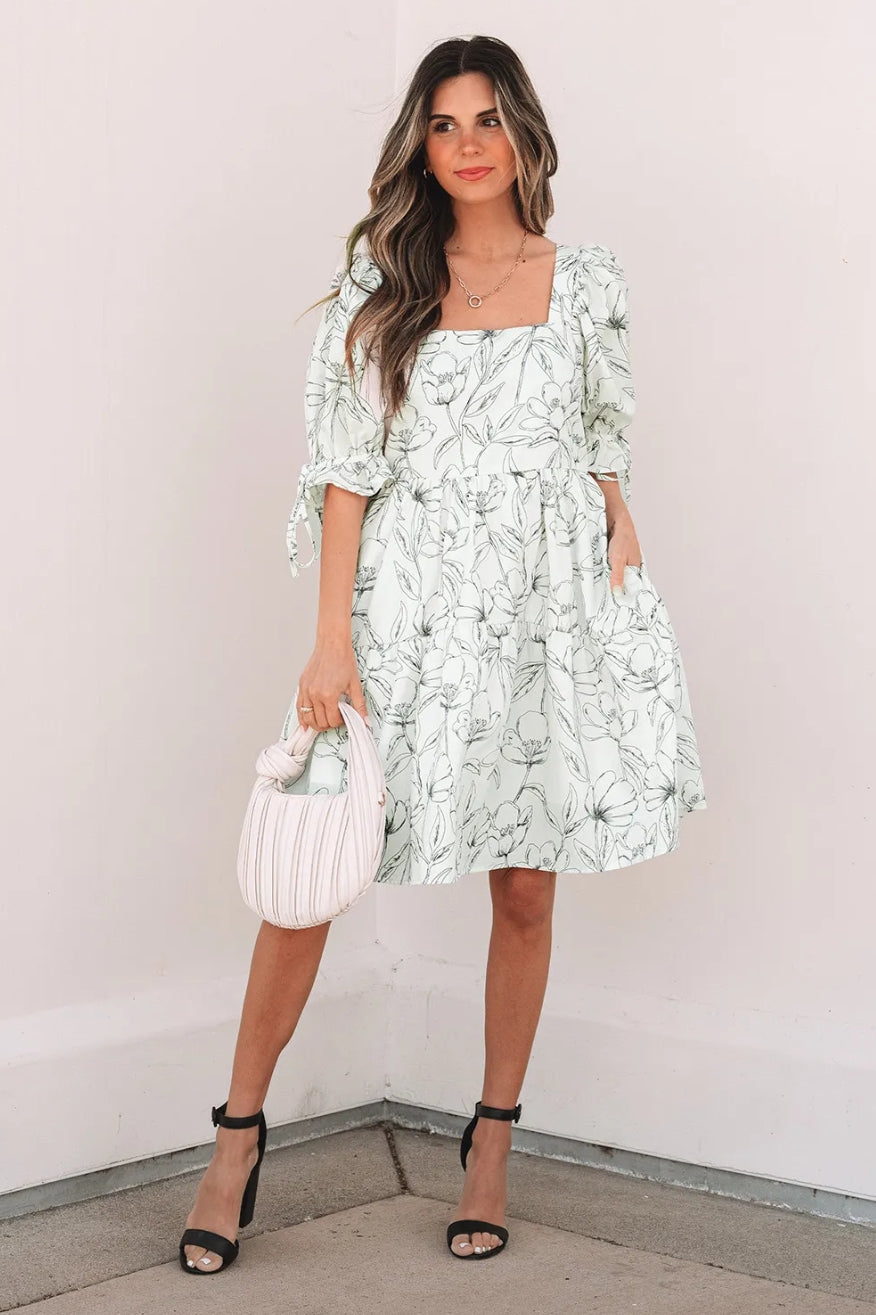 Beige Floral Print Square Neck Shirred Back Puff Sleeve Mini Dress