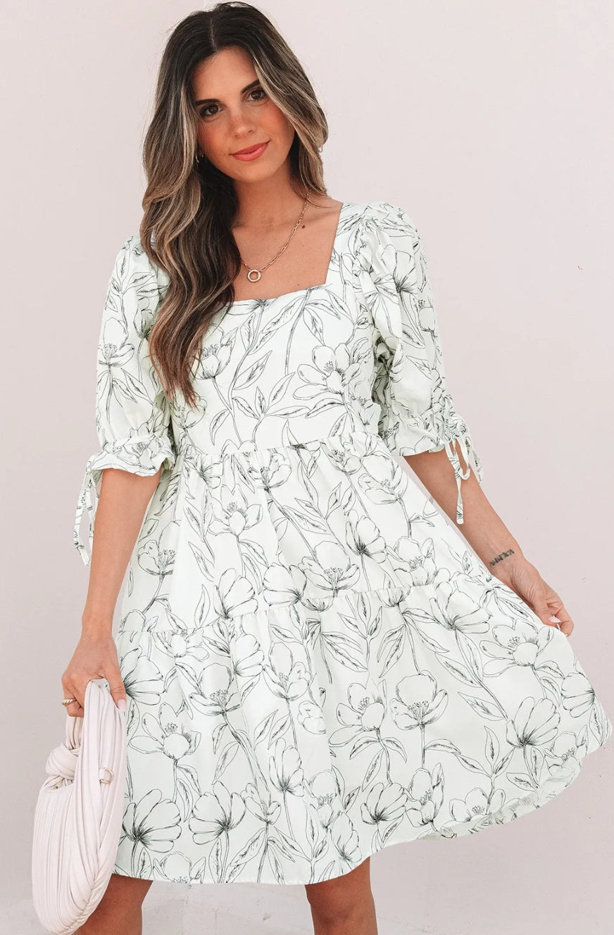 Beige Floral Print Square Neck Shirred Back Puff Sleeve Mini Dress