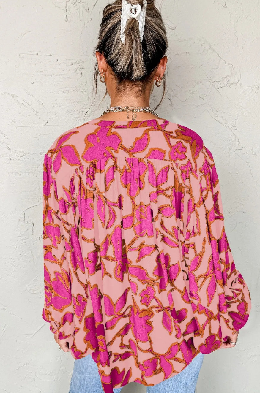 Pink Floral Print Batwing Sleeve Buttoned Loose Fit Shirt
