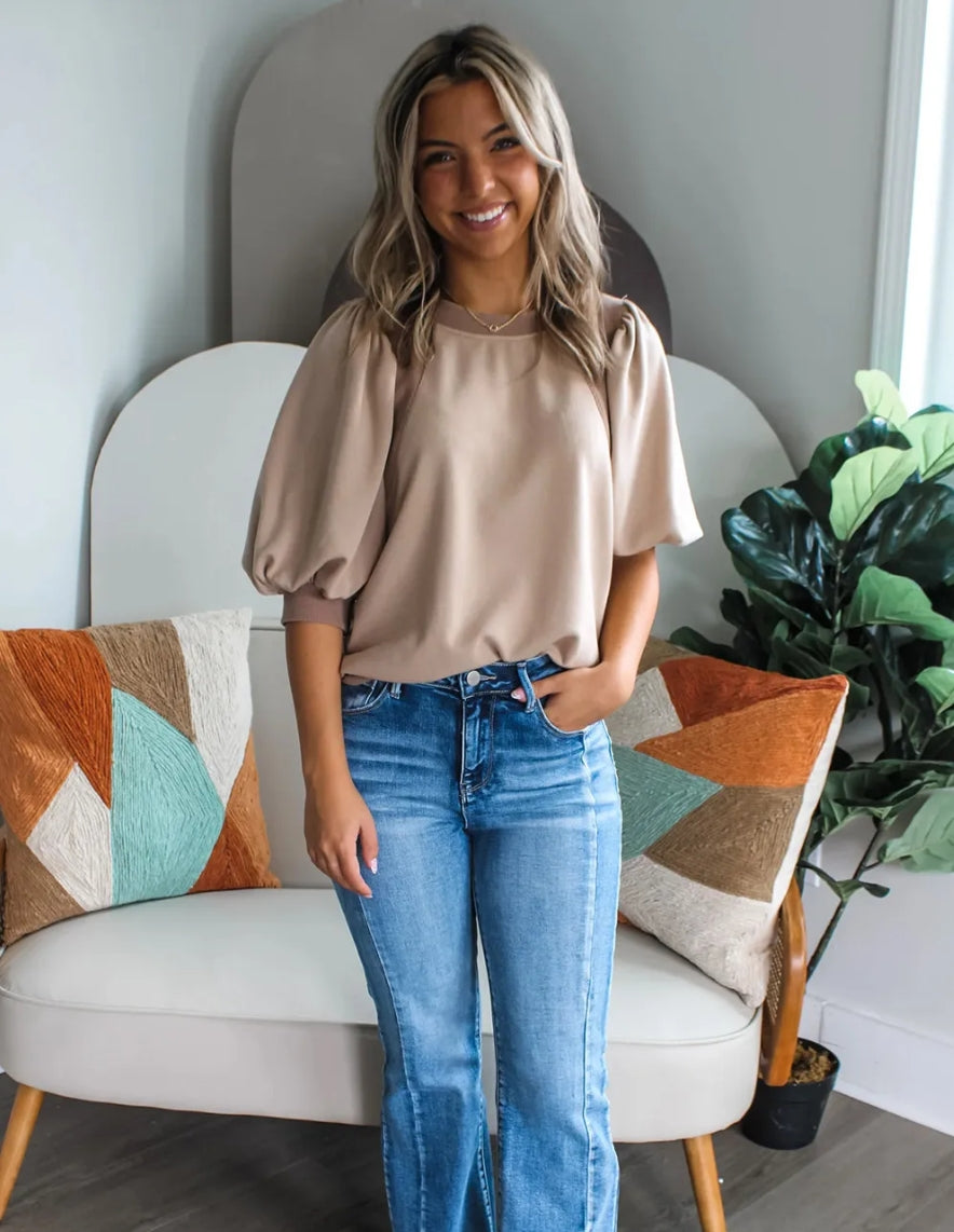 Half Lantern Sleeve Solid Color Pullover Top