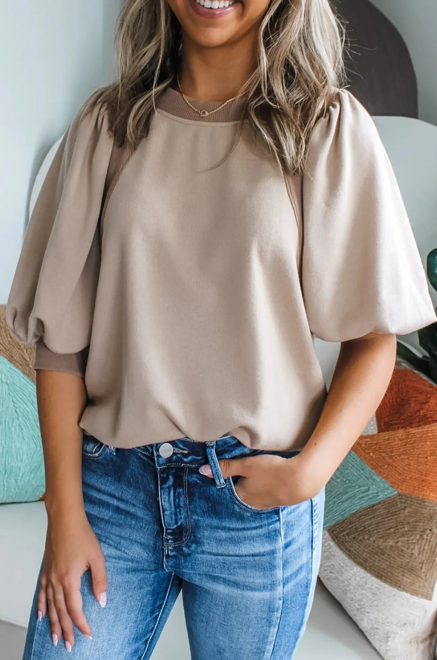 Half Lantern Sleeve Solid Color Pullover Top