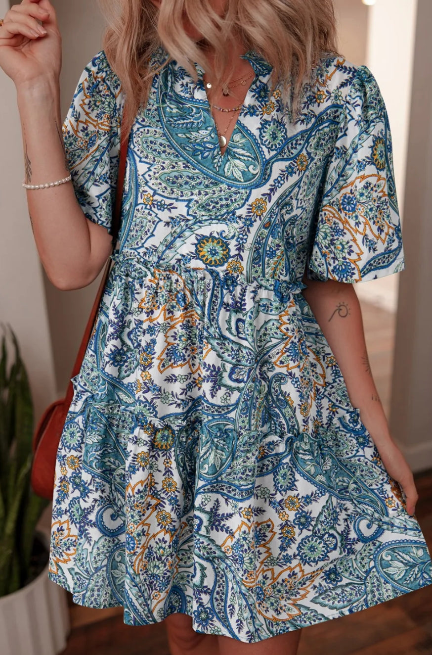 Blue Bohemian Paisley Floral V Neck Short Sleeve Mini Dress