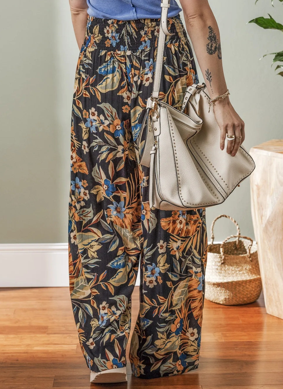 Multicolor Floral Shirred High Waist Wide Leg Pants with Tie