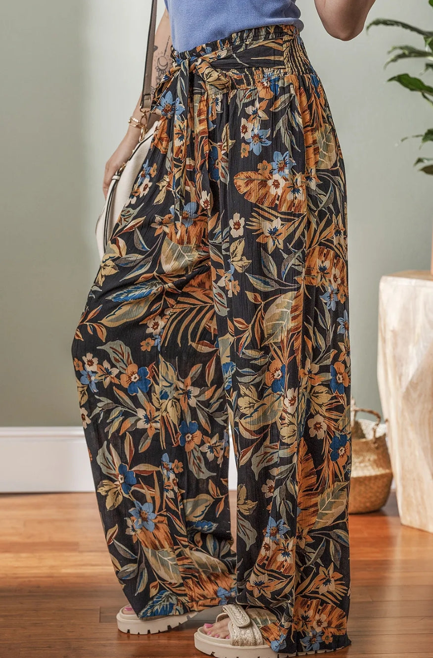 Multicolor Floral Shirred High Waist Wide Leg Pants with Tie