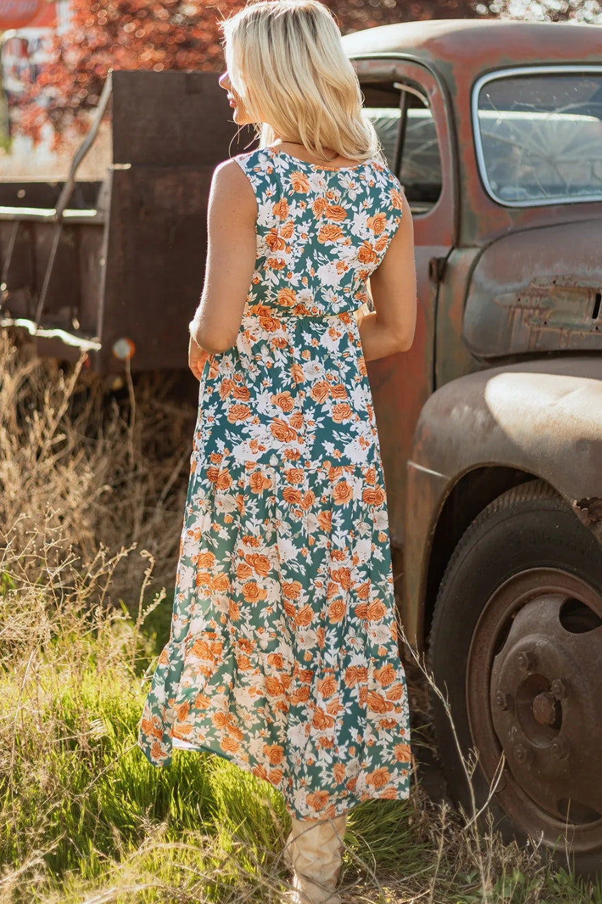 Green Floral Print Trimmed V NeckTie Waist Sleeveless Maxi Dress