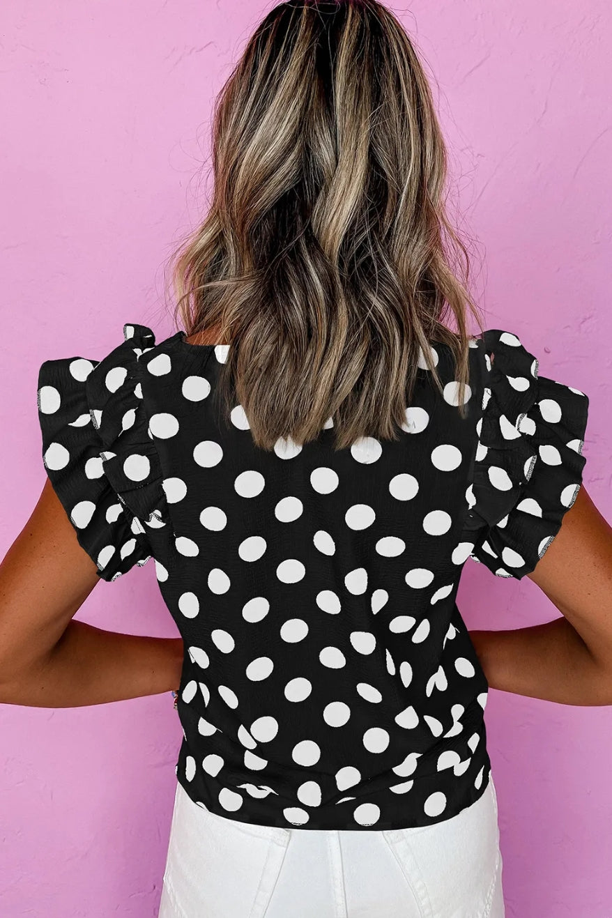 Black Polka Dot Print Ruffled Sleeve V Neck Blouse
