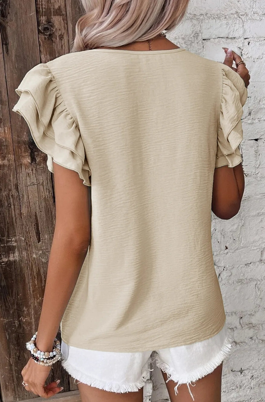 Beige Solid Color Ruffled Short Sleeve Casual Blouse