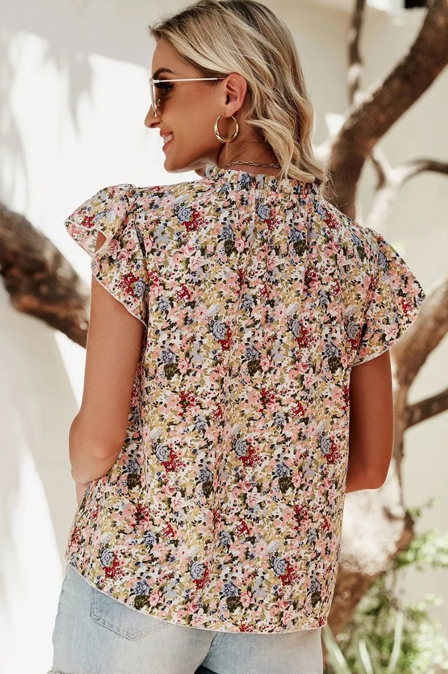 Red Boho Floral Frilled Button Neck Ruffle Short Sleeve Blouse