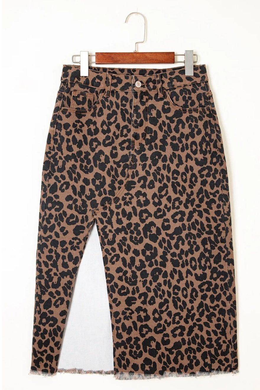 Brown Leopard Denim Frayed Split Denim Midi Skirt