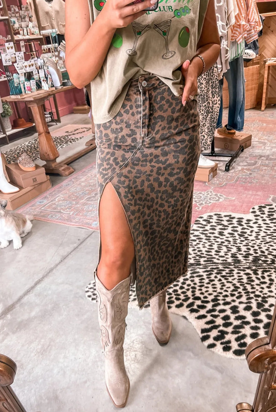 Brown Leopard Denim Frayed Split Denim Midi Skirt