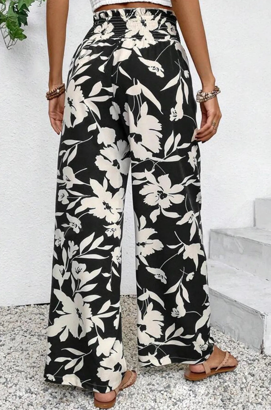 Black Floral Print Smocked High Waist Wide Leg Pants