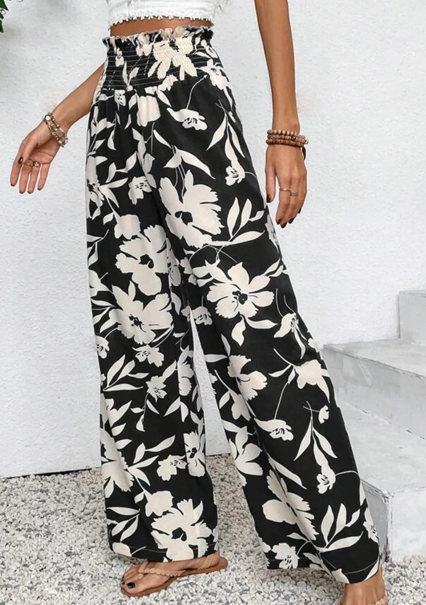 Black Floral Print Smocked High Waist Wide Leg Pants