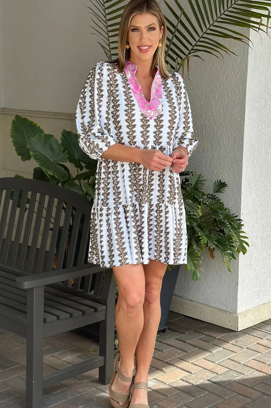 Black Contrast Floral V Neck Printed Bracelet Sleeve Dress