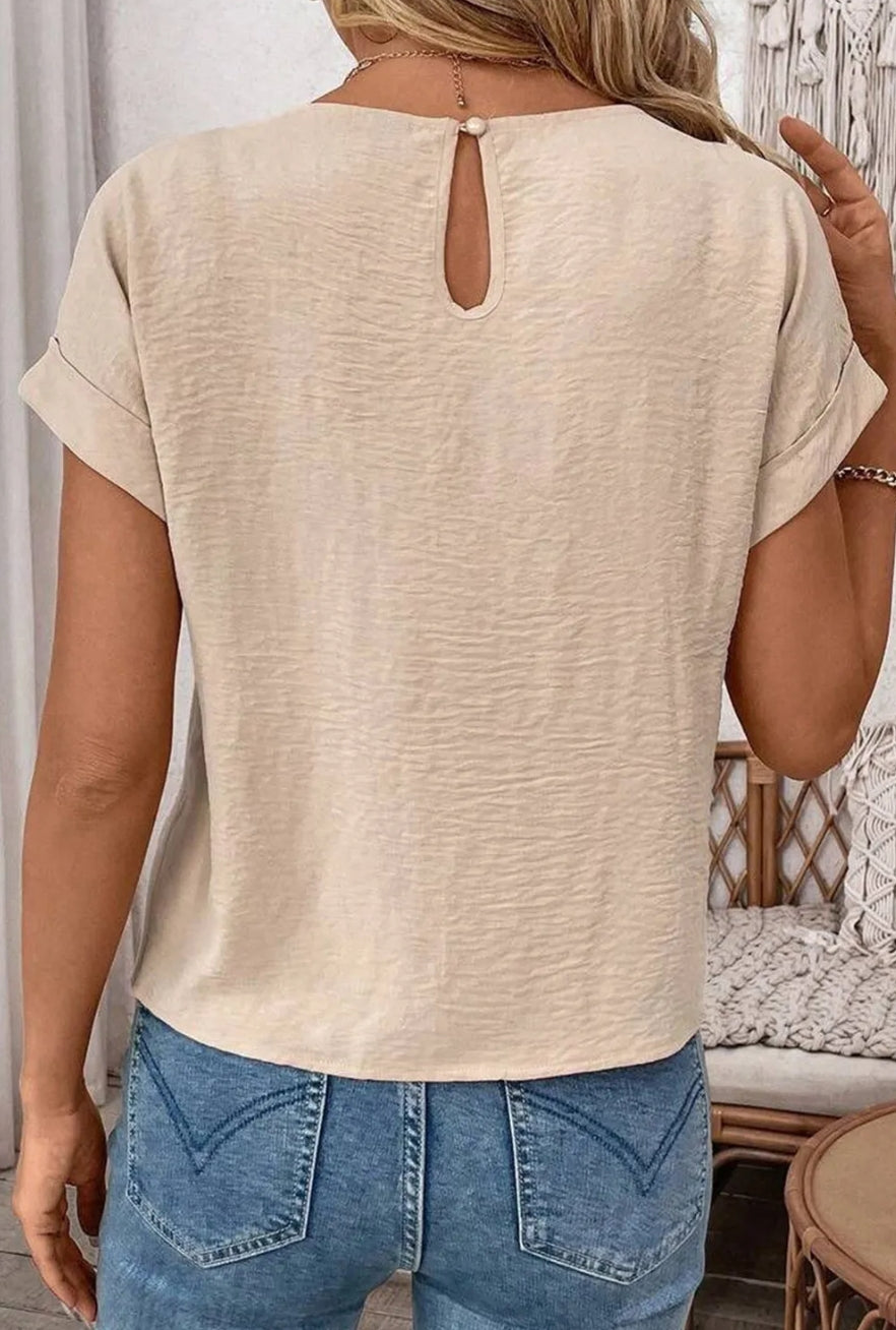 Parchment Solid Color Knotted Hem Short Sleeve Blouse