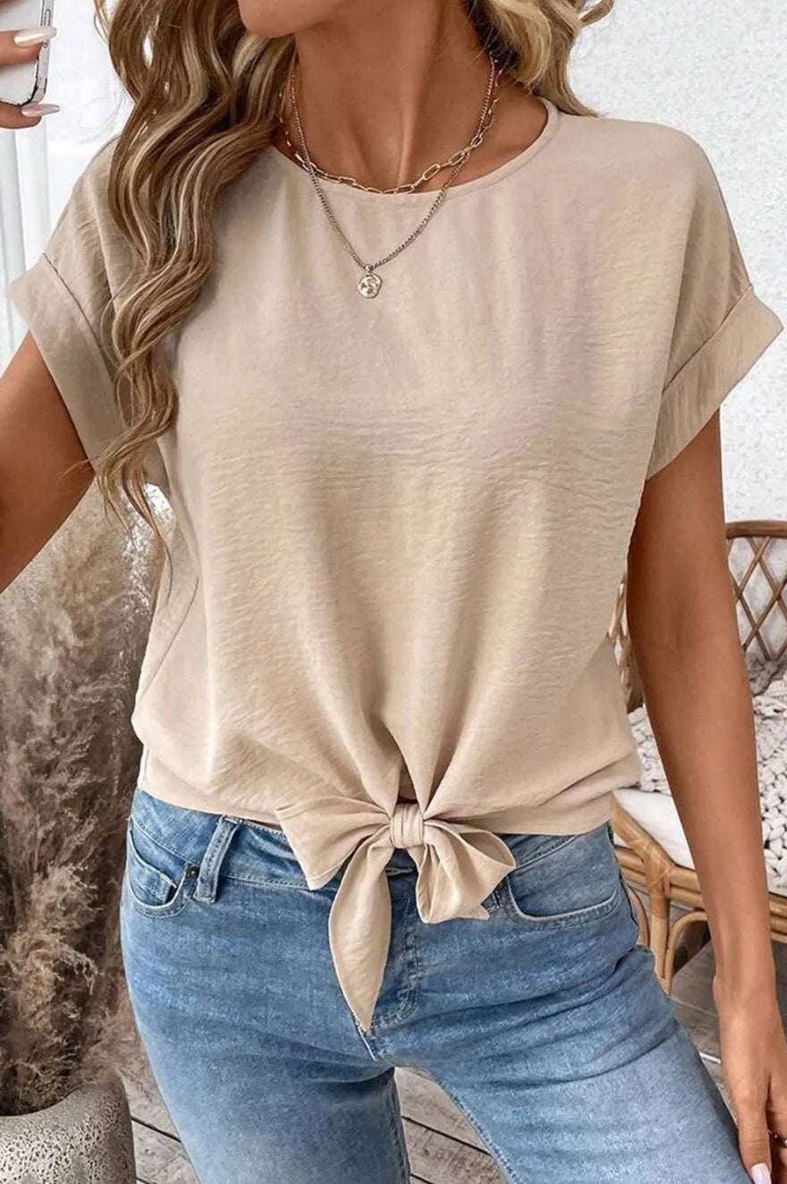 Parchment Solid Color Knotted Hem Short Sleeve Blouse