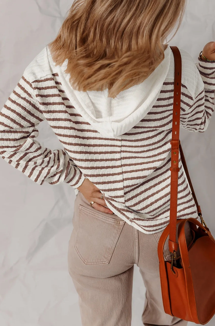 Khaki Stripe Textured Hooded V Neck Casual Long Sleeve Top