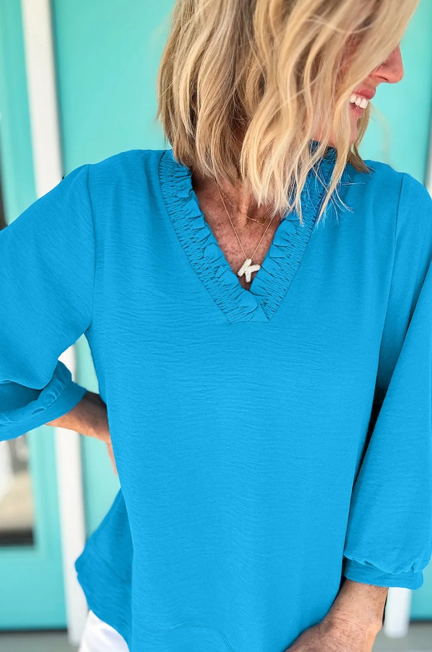 Sky Blue Frilled V Neckline Bracelet Sleeve Crinkled Blouse