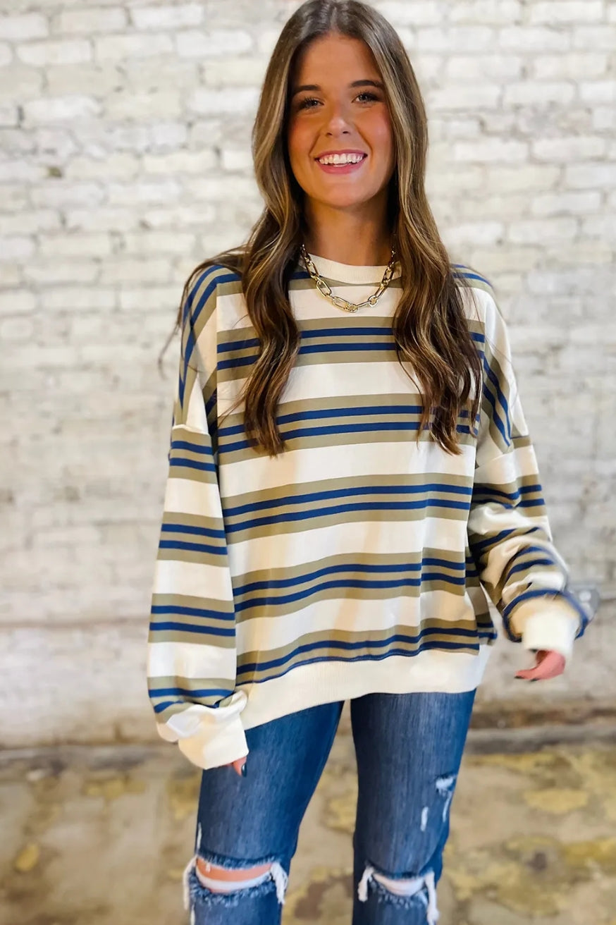 Khaki Stripe Crew Neck Drop Shoulder Pullover Sweatshirt