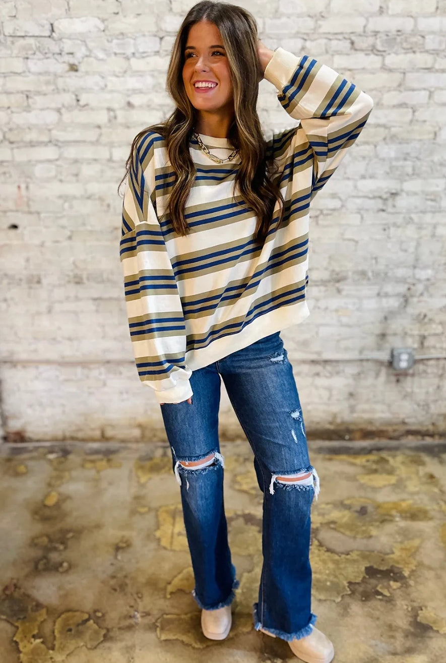 Khaki Stripe Crew Neck Drop Shoulder Pullover Sweatshirt