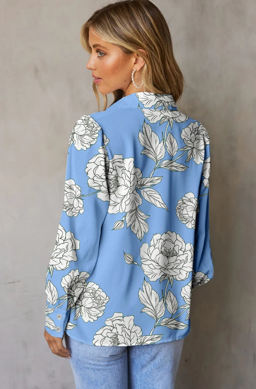 Sky Blue Floral Print Button Up Pleated Detail Puff Sleeve Shirt