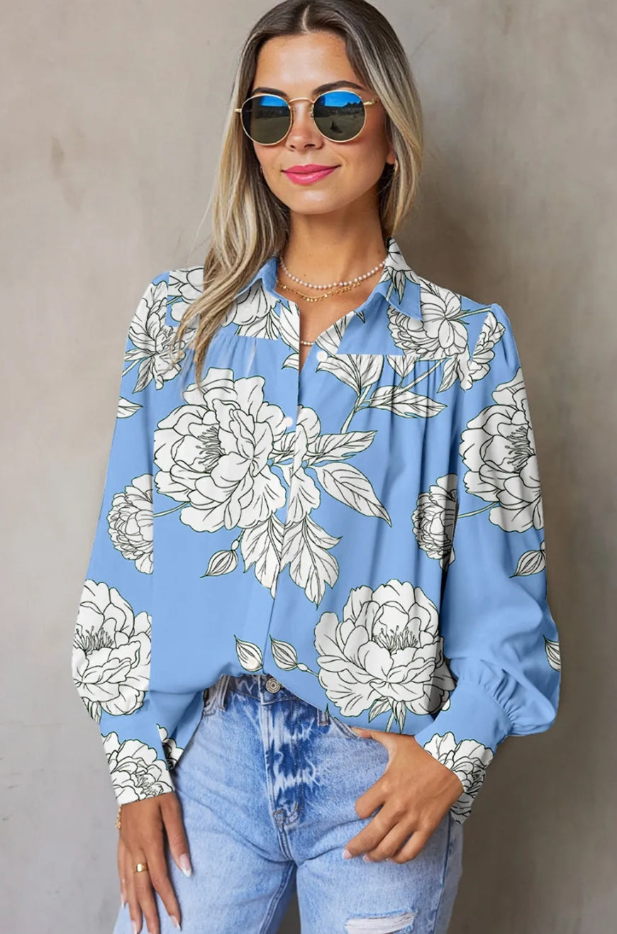 Sky Blue Floral Print Button Up Pleated Detail Puff Sleeve Shirt