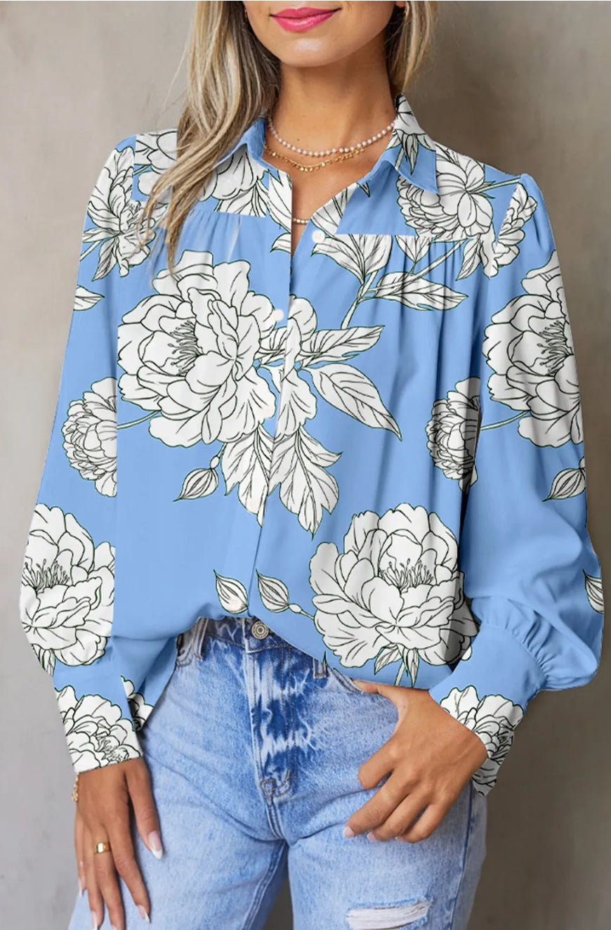 Sky Blue Floral Print Button Up Pleated Detail Puff Sleeve Shirt