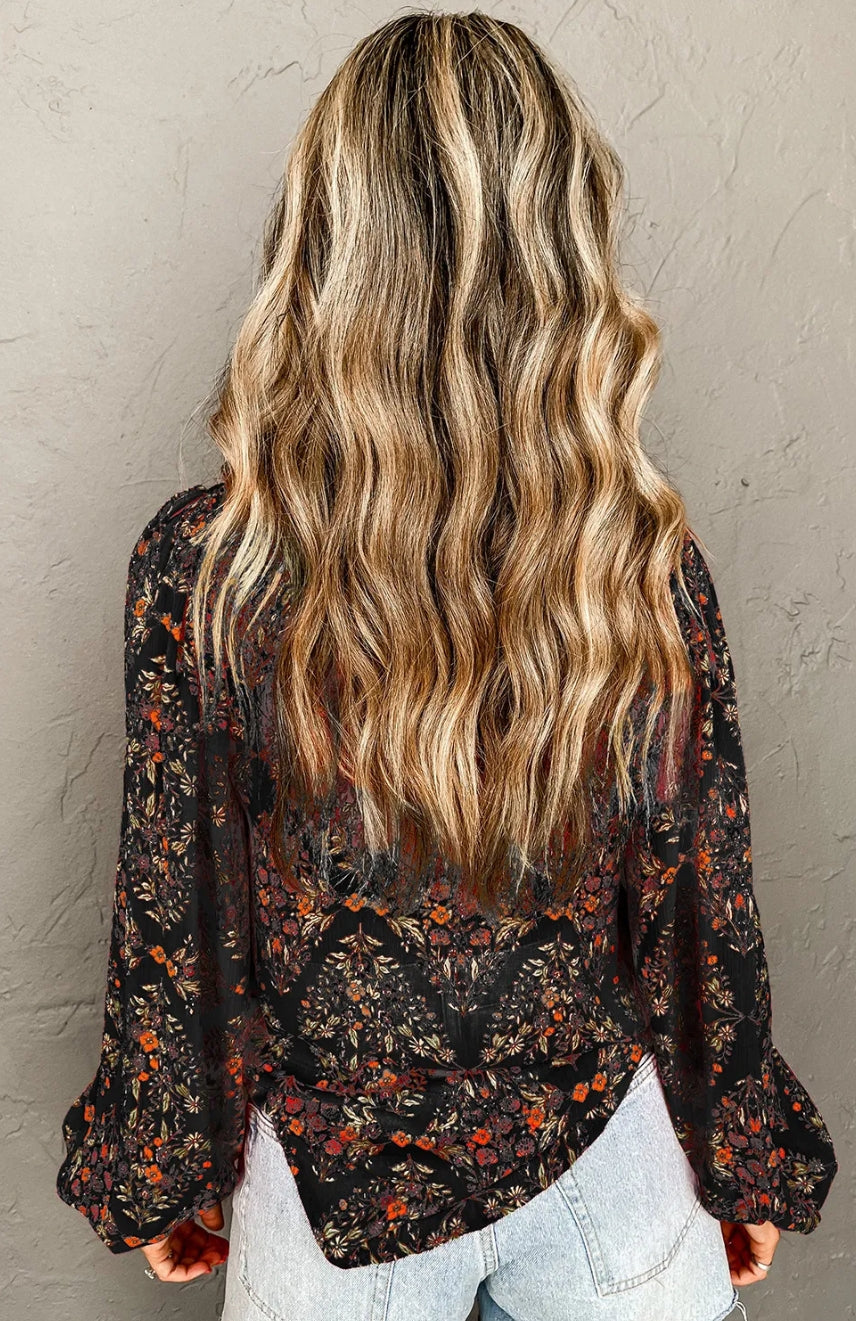 Black Strawberry Aesthetic Floral Puff Sleeve Shirt